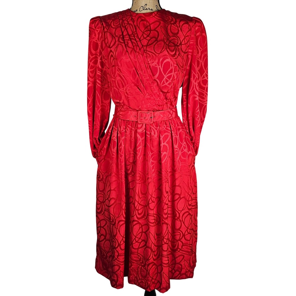 VIntage J Ellis Petites Red Satin Geometric Print Belted Wrap Dress Long Sleeve